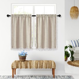 MitoVilla 2 Panels Boho Kitchen Short Curtains, Modern Farmhouse Cafe Curtains 30 Inch Length, French Country Small Tier Cotton Linen Tassel Curtain for RV/Bathroom/Bed Room/Basement, Taupe