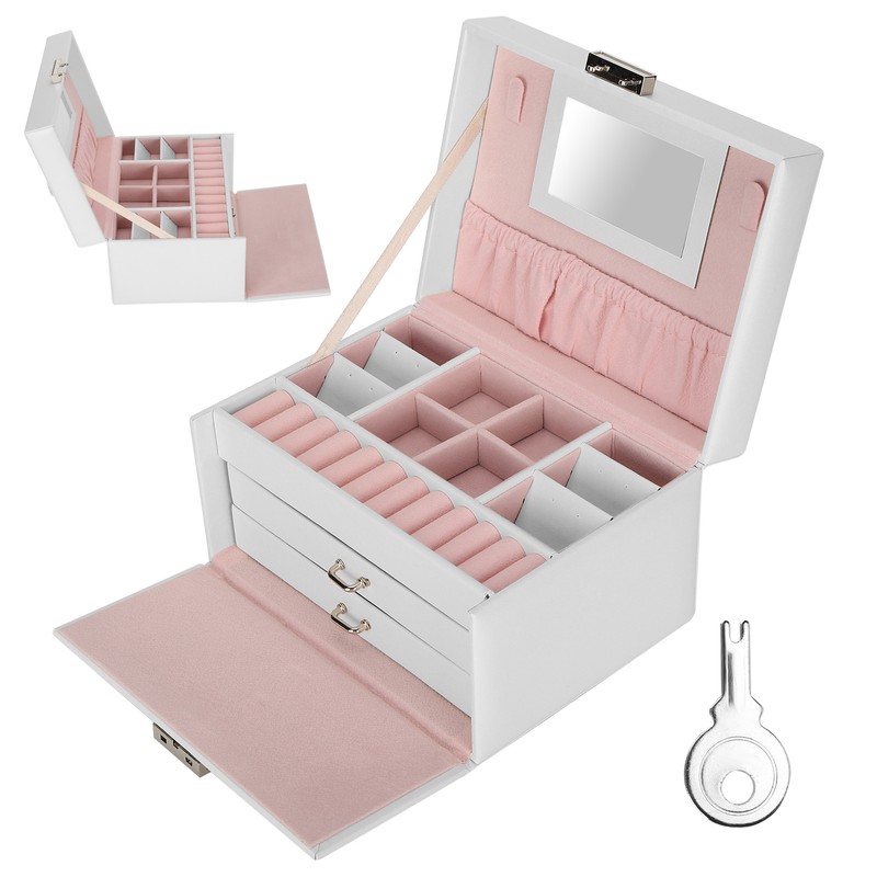 Three Layer Jewelry Storage Box PU Leather Necklace Rings Earrings