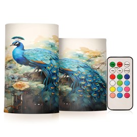 ALAZA Blue Peacock Yellow Flowers Flickering Flameless Candles with Remote Timer,Tea Light Candles Pillar Votive Candles Set of 2 for Outdoor Indoor Decorations