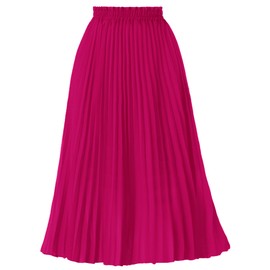 GOOBGS Women's Pleated A-Line High Waist Swing Flare Midi Skirt Fuchsia Small/Medium