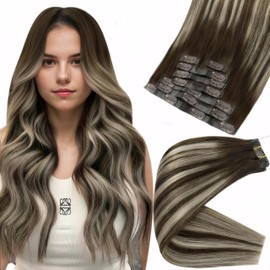 Full Shine Clip in Hair Extensions with Seamless Weft 20 Inch Human Hair Extensions Clip ins PU Weft Seamless Human Hair 8 Pieces 120g Clip in Extensions Color 2/60/2