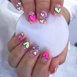 Matte Valentines Press on Nails Short Square Fake Nails Colorful Cartoon Heart Acrylic Nails with Design Reusable Stick on Nails Romantic Valentines Glue on Nails for Women