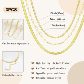 FloralGrace Pack of 3 Golden Layering Chains for Women, 14K Gold-Plated Fine Necklace Set, Herringbone, Paper Clip and Cuban Chain