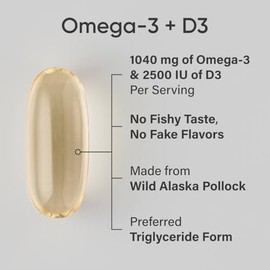 Sports Research® Triple Strength Omega-3 + Vitamin D3 2500iu (62.5mcg) - Wild Caught Alaska Pollock Fish Oil with Non-GMO Vitamin D - IFOS Certified, Soy & Gluten Free - 120 Capsules