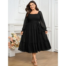 SCOMCHIC Women's Plus Size Dress Long Sleeve Square Neck Swiss Dot Chiffon Dress Smocked A Line Ruffle Fall Maxi Dresses Black