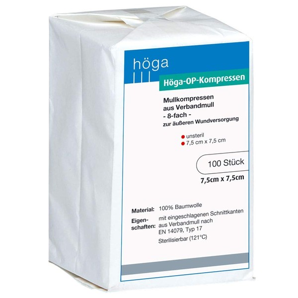 Höga -OP Compresses Made of Gauze Gauze - 7.5 x 7.5 cm - Pack of 100, Non-Sterile, DIN EN 14079-VM, Pack of 2