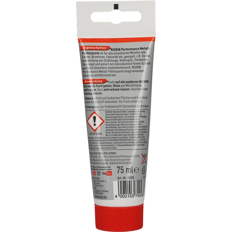 NIGRIN Performance Metal Polish Paste, 75ml Tube, Removes Stains, Rust