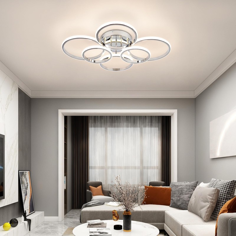 Sovinzert Modern Ceiling Lights, 6 Rings Dimmable Chrome LED Ceiling