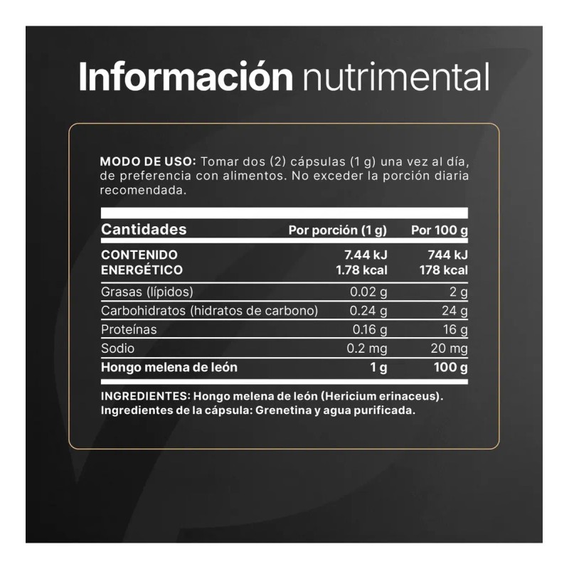 Hongo Melena León 180 Cápsulas Hasta Meses Consumo Apoyo Concentración