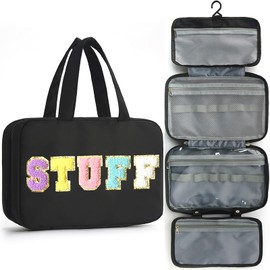 Apxouans Toiletry Bag for Women Chenille Letter Makeup Bag Water-resistant Cosmetic Bag Travel Bag with Hanging Hook Preppy for Store Toiletries Cosmetic Accessories Large Capacity Black