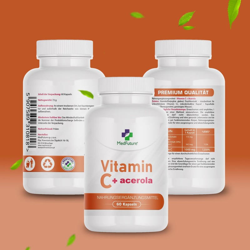 Vitamin C + Acerola 60 Kapseln Unterstützt die Immunität