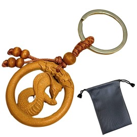 DAZUMA Netsuke Key Holder, Snake Strap, Wood Carving, Good Luck, Feng Shui Goods, Money Luck, Natural Wood, Rooting, Snake, Carving, Storage, Bag Included, Snake Carving, Ring, natural