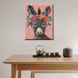 Funny Donkey Wear Big Shades and Straw Hat Paint by Number Donkey with Flowers DIY Painting on Canvas with Brushes Paints Paint by Numbers for Adults and Kids Beginner 16x20 Inch（without Frame）