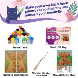 veirousa Highland Cow Latch Hook Kits for Adults Kids Beginners Cute Animals Latch Hook Pillow Kit Pre-Printed Latch Hook Rug Kits Cross-Stitch Embroidery Cushion for Home Sofa Decoration 17x17 in.