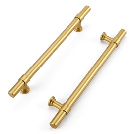 Haliwu 10 Pack Gold Cabinet Handles Brushed Brass Drawer Pulls for Kitchen Hardware Handles Barrel Dresser Cabinet Pulls,6-1/4 inch Hole Center