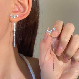 TseenYi Boho Star Threader Earring Gold CZ Stars Ear Climber Earring Long Bar Chain Threader Earring Long Chain Tassel Drop Earring Long Pull Threader Earrings Jewellery for Women and Girls, Silver