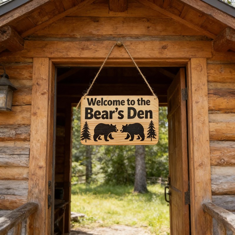 Rustic Wooden Welcome Sign, Bear's Den Cabin Decor with Black