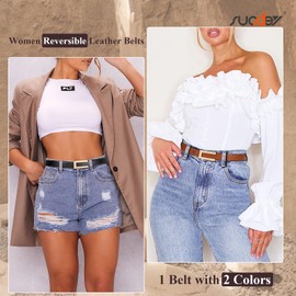 SUOSDEY 2 Pack Reversible Leather Belts for Women Adjustable Skinny Belt Ladies Belts for Dresses Jeans with Gold Buckle, Black/Navy blue+Black/Brown