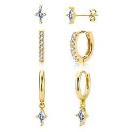 ALEXCRAFT 3 Pairs 14K Gold Plated Earrings Set for Women, rhombic Studs Stackable Earring Jewellery Gift