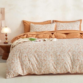 Wake In Cloud - Floral Comforter Set, Cute Vintage Flower Cottagecore Aesthetic for Women Teen Girls, Soft Lightweight Dorm Bedding, 3 Pieces, Cream Orange, Queen Size