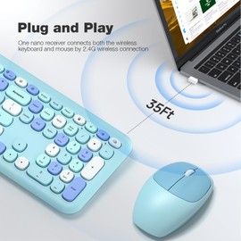 KNOWSQT Wireless Keyboard and Mouse Combo, Pale Blue Full-Sized 2.4G Silent Keycap Colorful Keyboards, USB Dongle Plug Play, Laptop, Windows, PC, Mac, Desktop