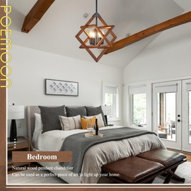 Poemoon 18" Farmhouse Wooden Chandelier 4-Light Geometric Pendant Lighting