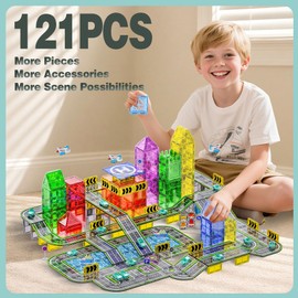 121PCS Magnetic Tiles Road Set with Pullback Cars. Magnet Tiles for Building Construction Toys with Ship, Airplane, Traffic Sign, STEM Magnetic Tiles for Kids Ages 4-8, Educational Gifts for Ages 3+
