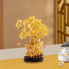 WANLECY Feng Shui Decor Money Tree, Crystal Yellow Lucky Feng Shui Money Plant for Home with Rotating Base, Symbol of Wealth/Fortune and Lucky (11 Inch)