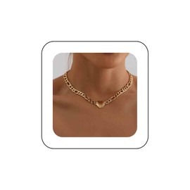 TseenYi Punk Heart Chunky Chain Necklace Gold Cuban Chain Heart Necklace Short Heart Choker Necklace Vintage Thick Chain Necklace Chunky Love Pendant Necklace Jewellery for Women, Gold