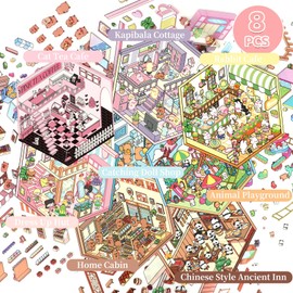 DOINEUFL 8 Sets 3D Sticker Scene, 3D House Sticker Set, Sticker Therapy 3D Stickers, Funny Cartoon Scene Stickers for Adult Kid Relief Stress Pass The Time (with Tweezers) (8)