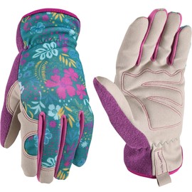 Wells Lamont Guantes de trabajo y jardinería de alta destreza con estampado botánico para mujer, talla L (7753L)