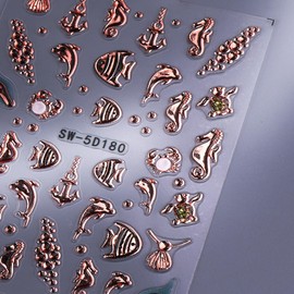 CharmeFleur Ocean Style Nail Art Stickers 5D Relief Marine Life Nail Decal Pack of 2 Golden Shell Starfish Sea Animal Summer Nail Design Stickers for Nails
