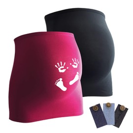 Mamaband Pregnancy Belly Band for Baby Ball in Double Pack 1 x Plain 1 x Print - Back Warmer and Shirt Extension for Pregnant Women - Elastic Maternity Wear, Magenta/Black