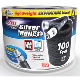 Pocket Hose Silver Bullet 100 ft Turbo Shot Nozzle Multiple Spray Patterns Expandable Garden Hose 3/4 in Solid Aluminum Fittings Lead-Free Lightweight and No-Kink, Black