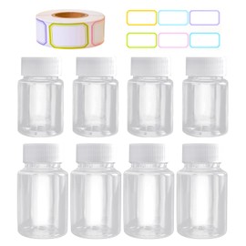 8 Pieces Mini Plastic Bottles and 1 Roll of Label Stickers, Item Marking Stickers, Transparent Sea Bottles, Multi-Function Plastic Bottles.