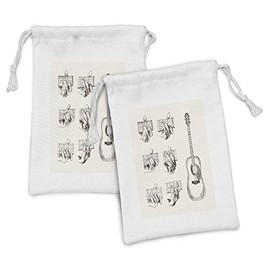 Ambesonne Guitar Fabric Pouch Set of 2, Sketch Art Style Instrument and Chords Acoustic Flamenco Technique Skill Talent, Small Drawstring Bag for Toiletries Masks and Favors, 9" x 6", Cream Brown