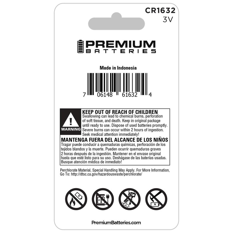 Premium Batteries CR1632 Battery 3V Lithium Coin Cell Child Safe