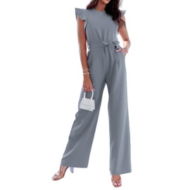 BTFBM Women Jumpsuits Crew Neck Ruffle Cap Sleeve Belted High Waist Wide Leg Romper with Pockets One Piece Casual Outfits(Solid Grey, Small)