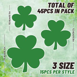 FYSUIMU 45Pcs St. Patrick’s Day Shamrock Cutouts Green Lucky Clover Shape Cut-Outs Irish Cardboard Paper Cutting with 100Pcs Glue Points for DIY Crafts Classroom Bulletin Board Decor, 3 Sizes