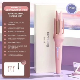 Automatic Hair Curler 32mm Negative Ions Electric Ceramic Curling Hair Stick Rotating Curl Waves Anti-Tangle Curling Iron Styler - Color: Pink