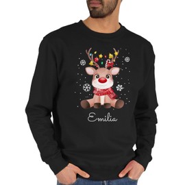 Geschenk mit Namen personalisiert by Shirtracer - Sweater Pullover Sweatshirt for Men and Women - Christmas - Cute Reindeer with Name of Your Choice, 2 Black