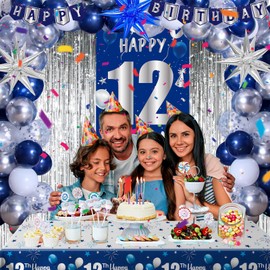 12th Birthday Decorations Boy, Happy 12th Birthday Decorations for Boys Girls, Blue 12 Year Old Birthday Banner Decoration Balloons Tablecloth Foil Backdrop Star Balloons, 12th Bady Decor for Teens