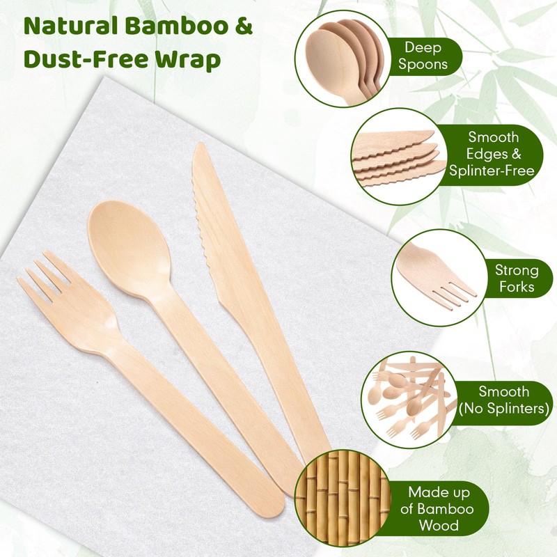Nuenen 600 Pcs Pre Rolled Napkin and Bamboo Cutlery Set