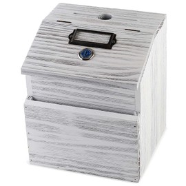 Wood Charity Donation collection Box Office suggestion Ballot Box With wide slot for envelopes and suggestion comment forms, Pocket and Locking Hinged Lid & Pen for Table Or Countertop(Rustic-White)