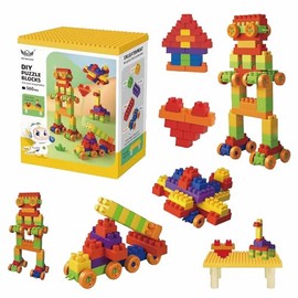 iZEL Kids DIY Puzzle Building Blocks Set – 560-Piece Creative Construction Set for Toddlers and Kids, with Instruction Manual – Perfect for Boys and Girls (Ages 3+) (Yellow)