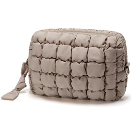 Unilily Puffy Cosmetic Bag for Women, Stone, Medium, Quilted Pattern Puffer Makeup Bag