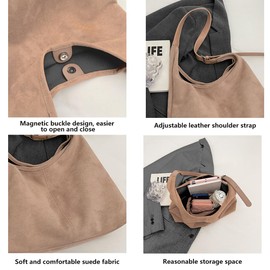 Women's Shoulder Bags Suede Hobo Bag with Strong Magnetic Buckle Ladies Purse for Travel Work Shopping Handbag Bag-Khaki