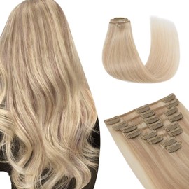 Tess Clip-In Real Hair Extensions, Remy Human Hair Extensions, 8 Wefts, 55 cm, 75 g, #16P22 Light Blonde/Golden Blonde