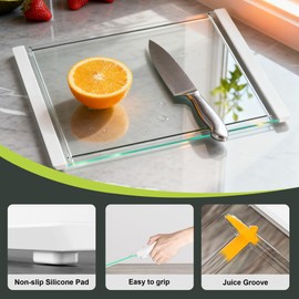 Tempered Glass Cutting Board with Juice Groove - 16x12 Inch Kitchen Cutting Board with Silicone Non-Slip Feet, Easy to Clean & Dishwasher Safe - Ideal for Vegetables, Fruits, Bread, Meats (White)