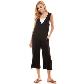 Loving People Solid Sleeveless V Neck Loose Fit Capri Jumpsuit, Medium, Black